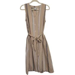 Liz Claiborne Sleeveless Striped Midi Dress Belted Size M Linen Blend Classic